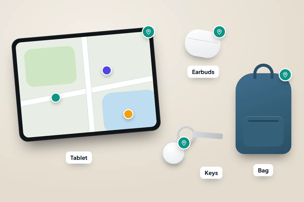 A flat-lay of a tablet, an earbud case and a set of keys with a tracker tag, each marked with a small location pin