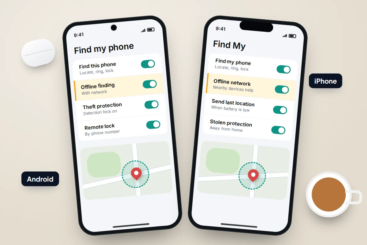 An Android-style phone and an iPhone-style phone side by side on a desk, both with finding switches turned on