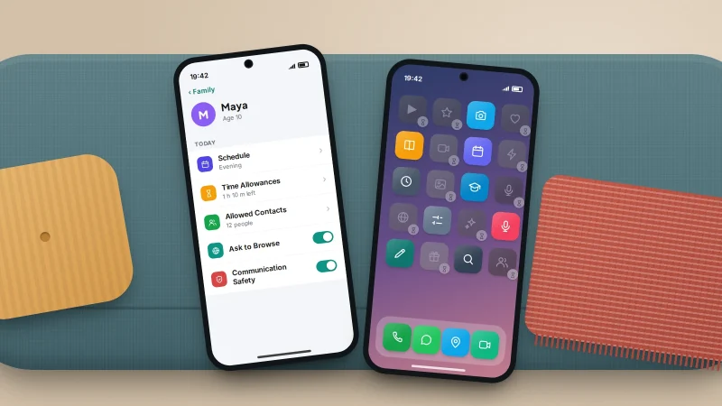 A parent's phone showing a child's Screen Time settings beside the child's phone with greyed-out apps, lying on a sofa arm