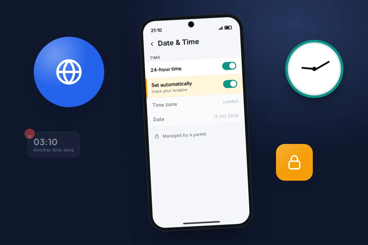 Generic phone settings screen with set automatically switched on, beside a globe and a small padlock