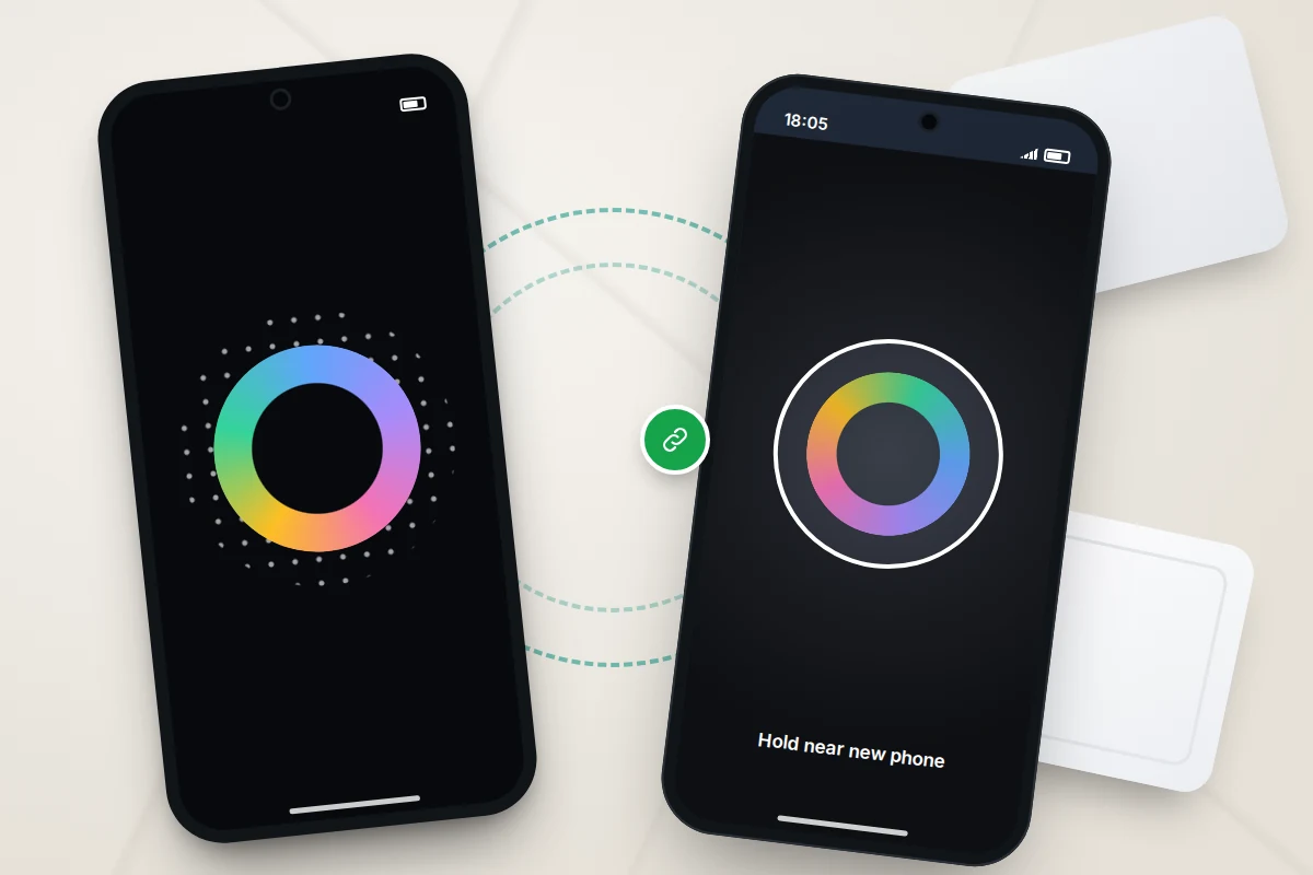 A parent's phone beside a child's new phone, both showing a pairing ring, with a link symbol between them