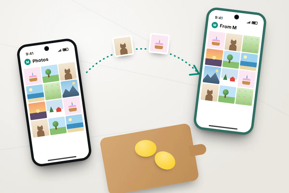 Two phones on a kitchen counter, with photo thumbnails flowing from one to the other along a one-way arrow