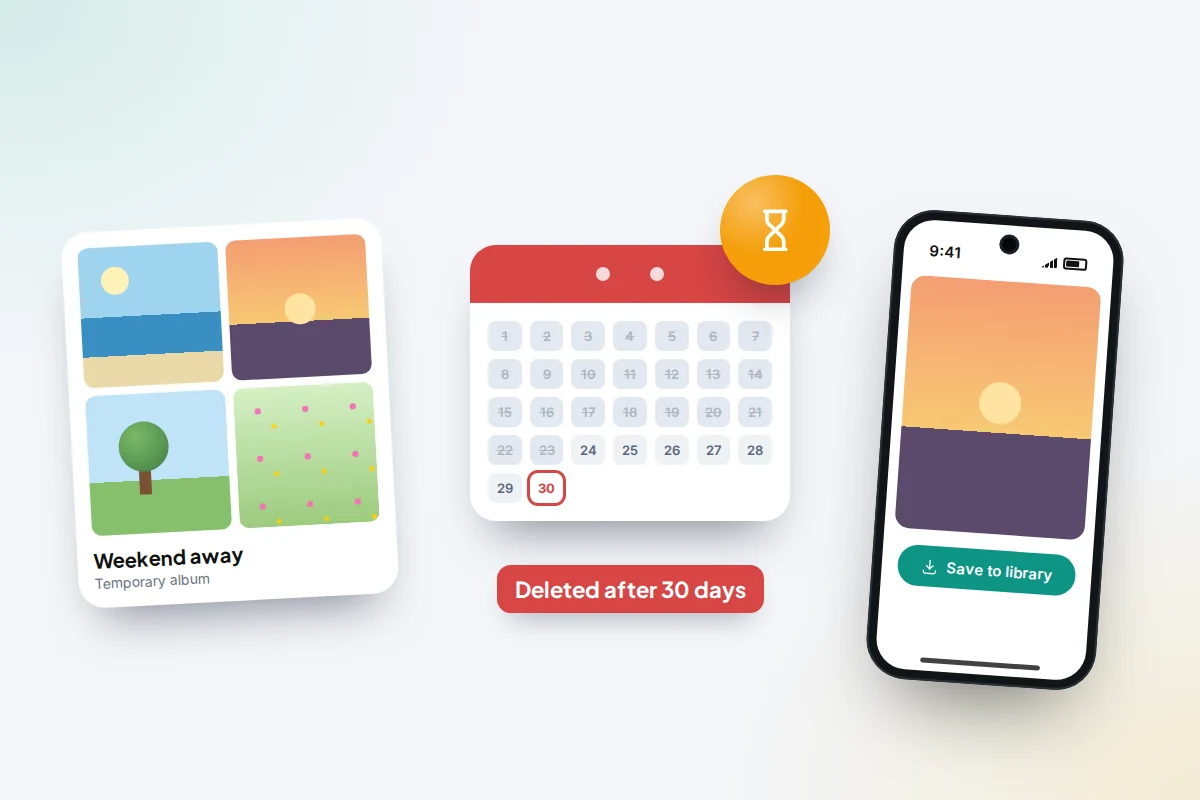A temporary album card, a calendar with day 30 circled under an hourglass, and a phone with a Save to library button