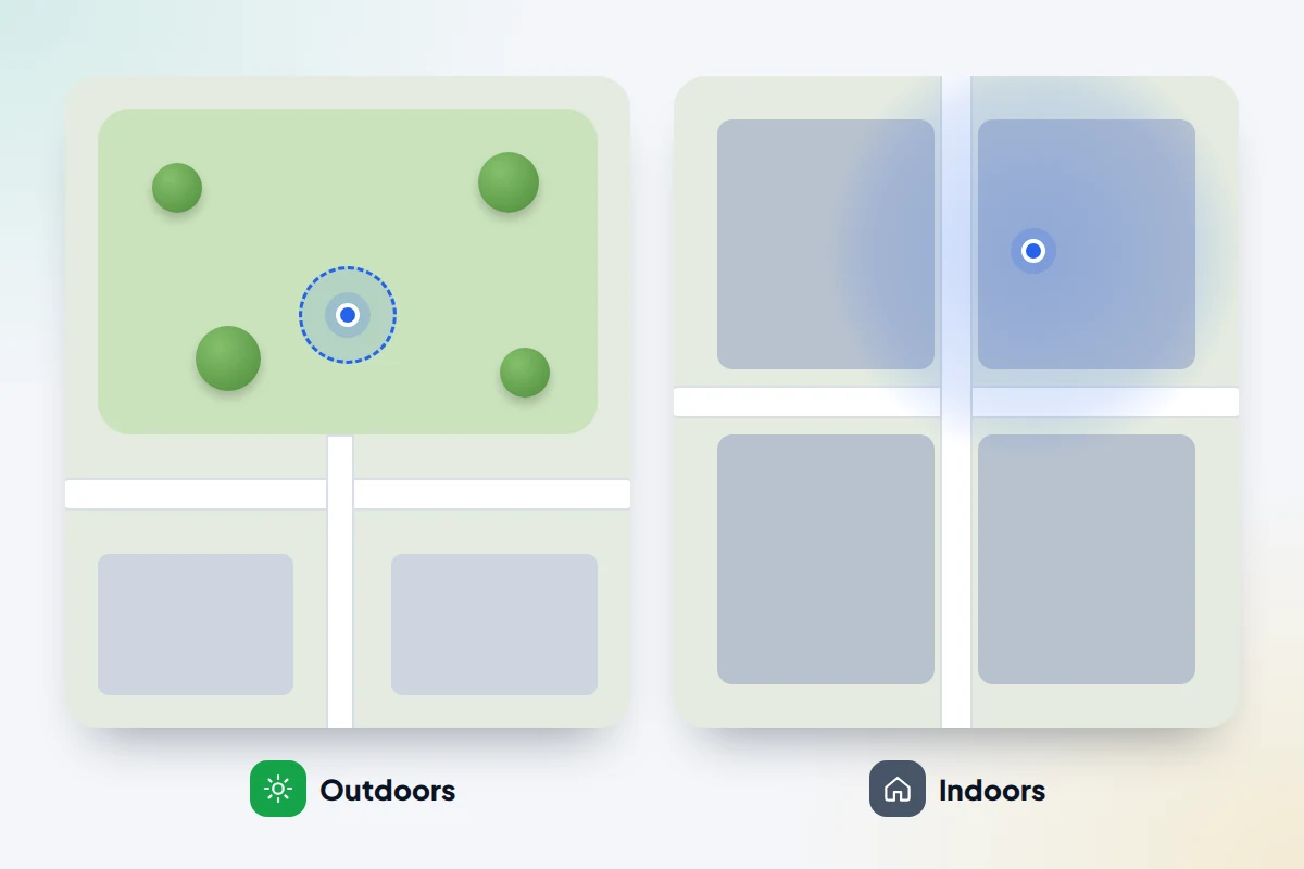 Two map panels: a small precise circle around a dot outdoors and a large fuzzy circle around a dot inside a building