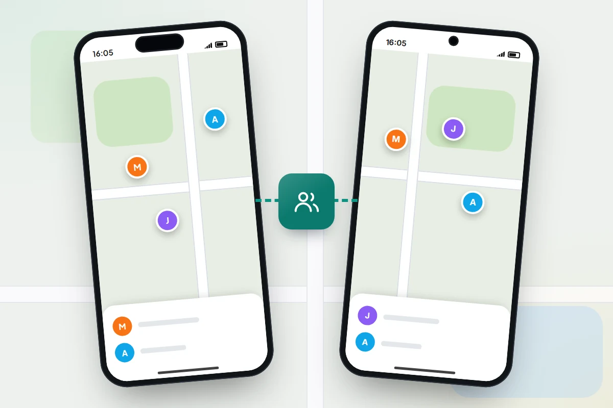 An iPhone-style and an Android-style phone side by side, both showing the same three family members' initials on a map