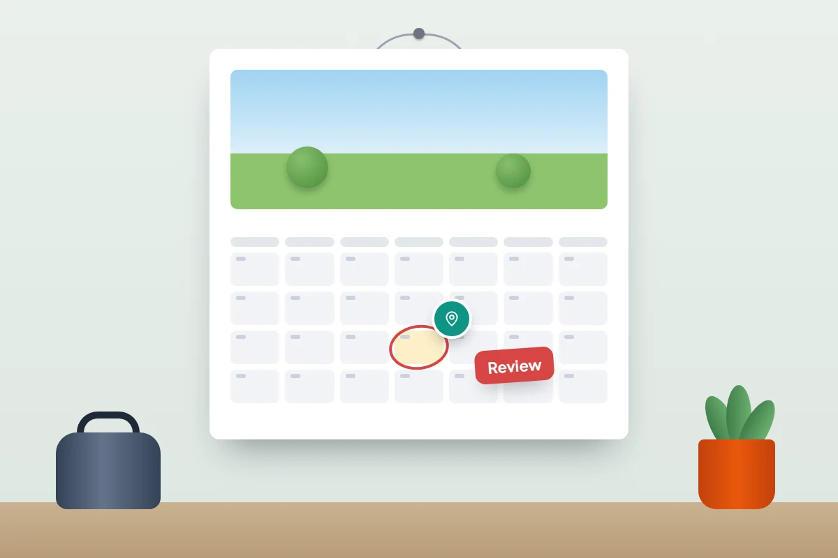 A wall calendar with one date circled, a location pin icon and a Review tag beside it