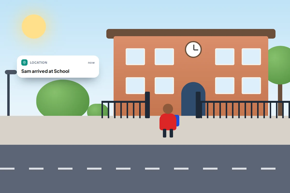 A child with a backpack walking up to a school gate on a sunny day, with a notification reading Sam arrived at School