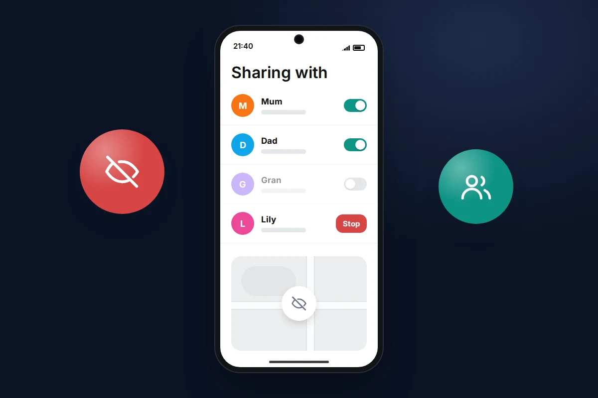 A phone listing people you share your location with, with switches for each and a red Stop button beside one name