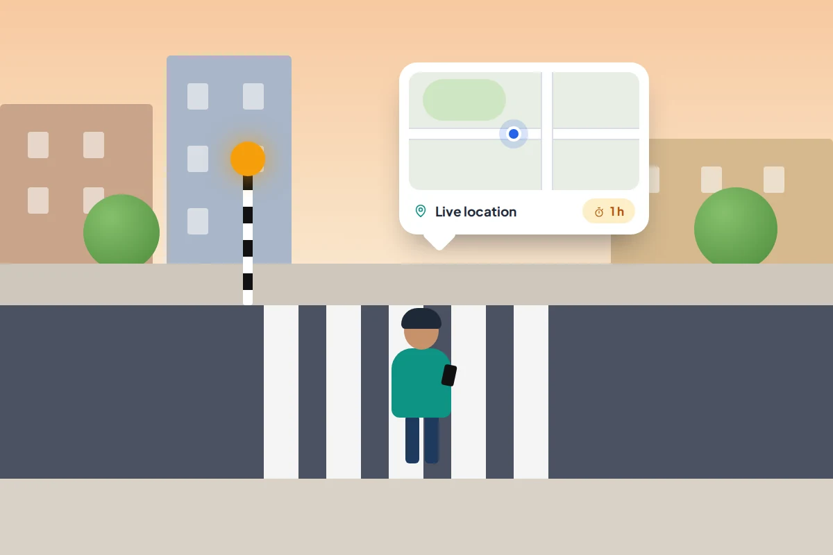 A teenager at a zebra crossing with a phone in hand, and a message bubble showing a live location pin with a timer