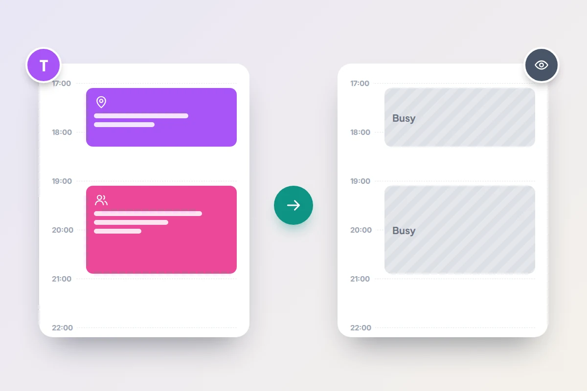 The same evening twice: coloured events with place and group icons, then plain grey blocks marked Busy