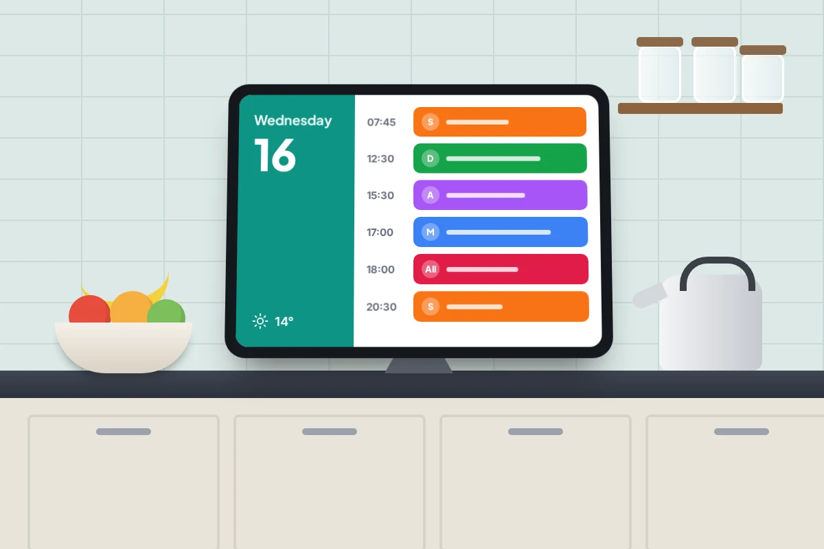 A tablet on a stand on a kitchen worktop showing today's agenda with coloured events, beside a fruit bowl and kettle