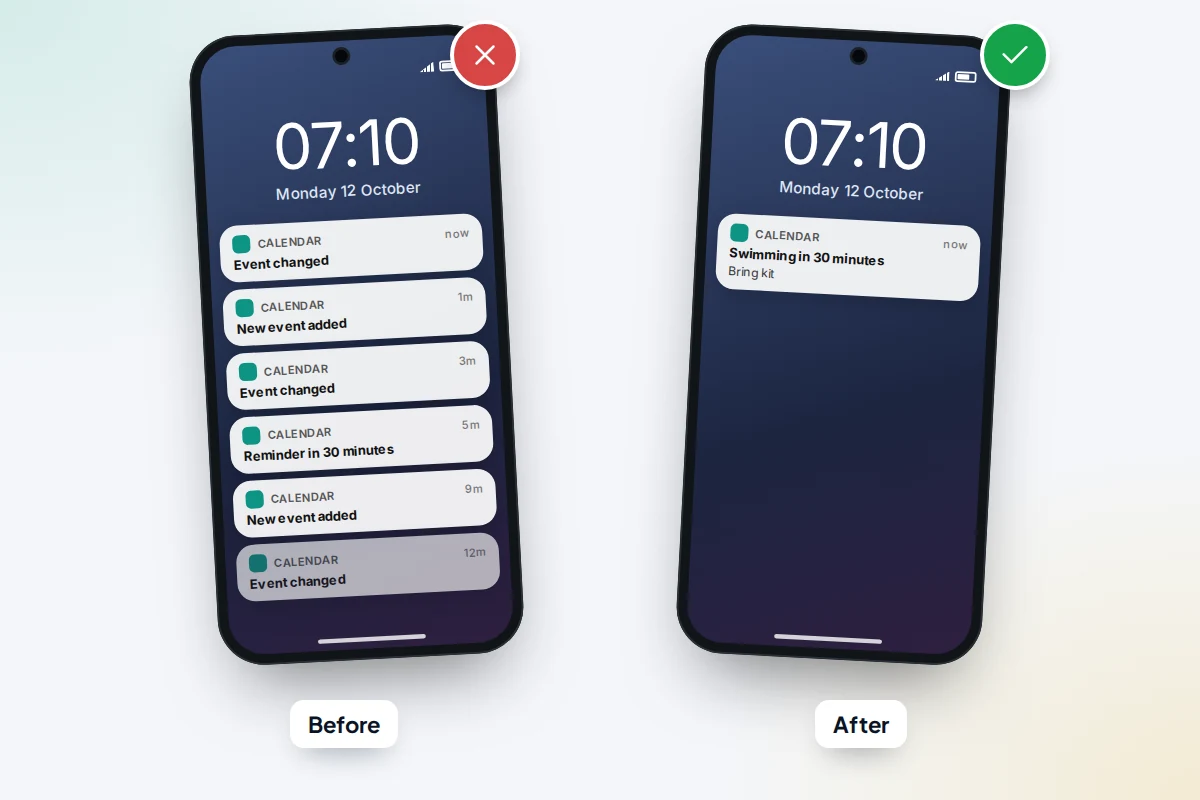 Two phone lock screens side by side: one crowded with calendar alerts, one showing a single reminder