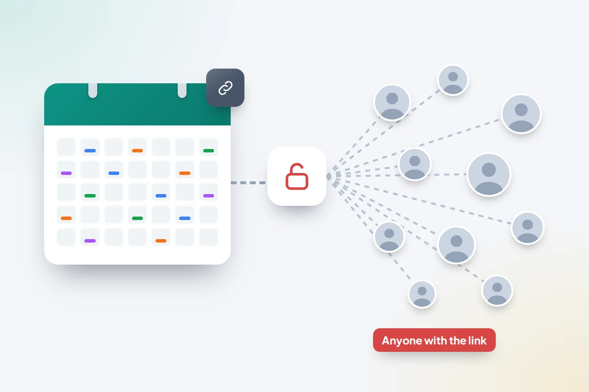 A calendar with a link badge fanning out through an open padlock to a crowd of unknown people