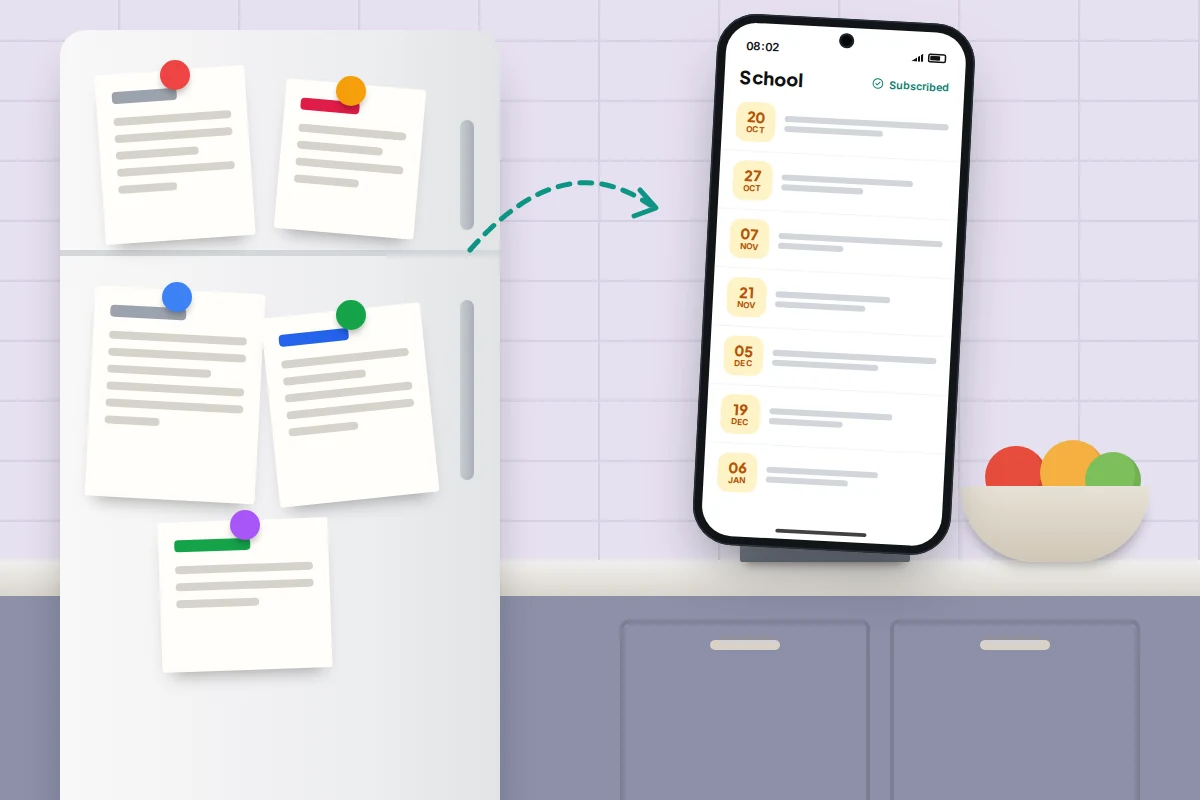 A fridge covered in school letters beside a phone showing a new subscribed calendar full of term dates
