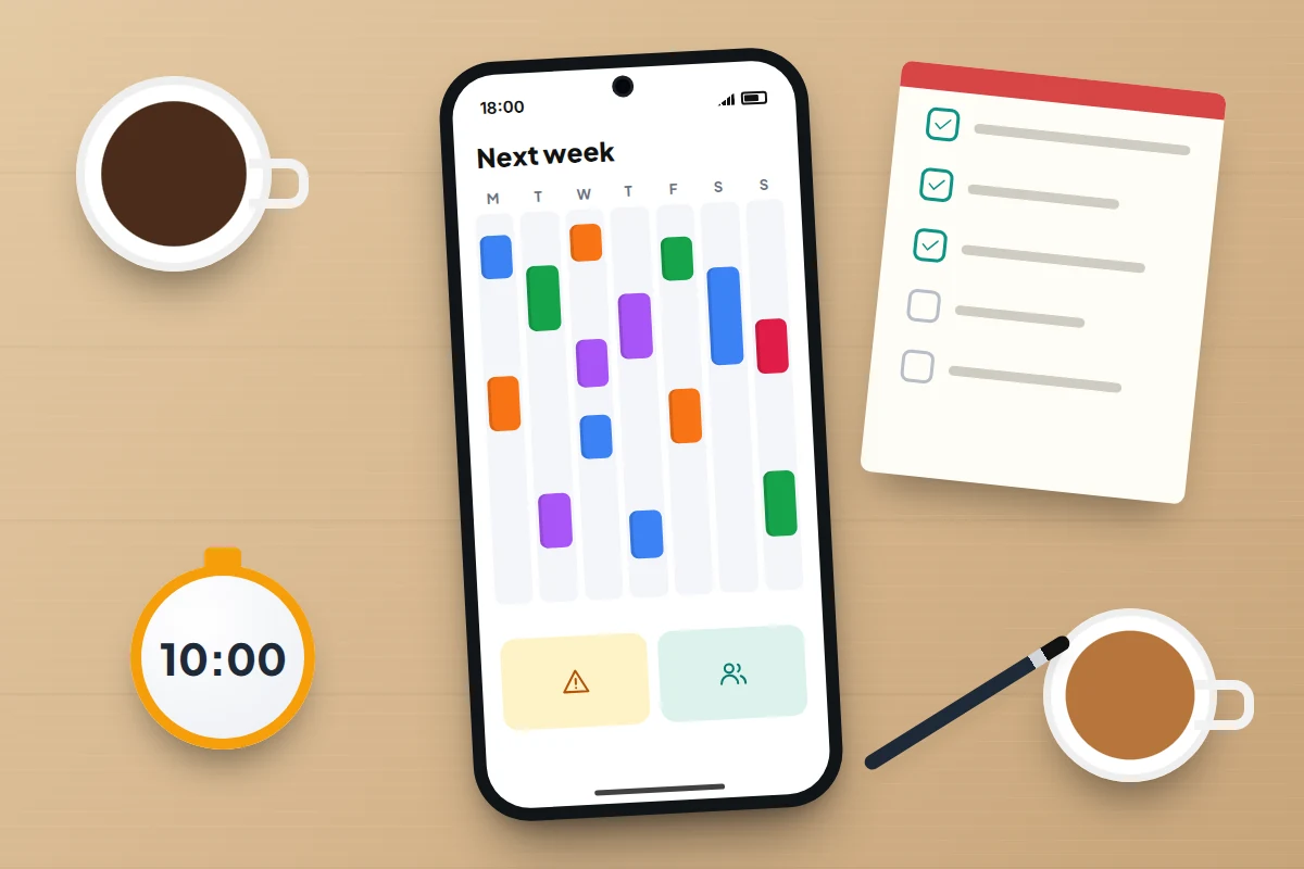 Top-down table with two mugs, a phone showing the coming week, a notepad with ticks and a small timer