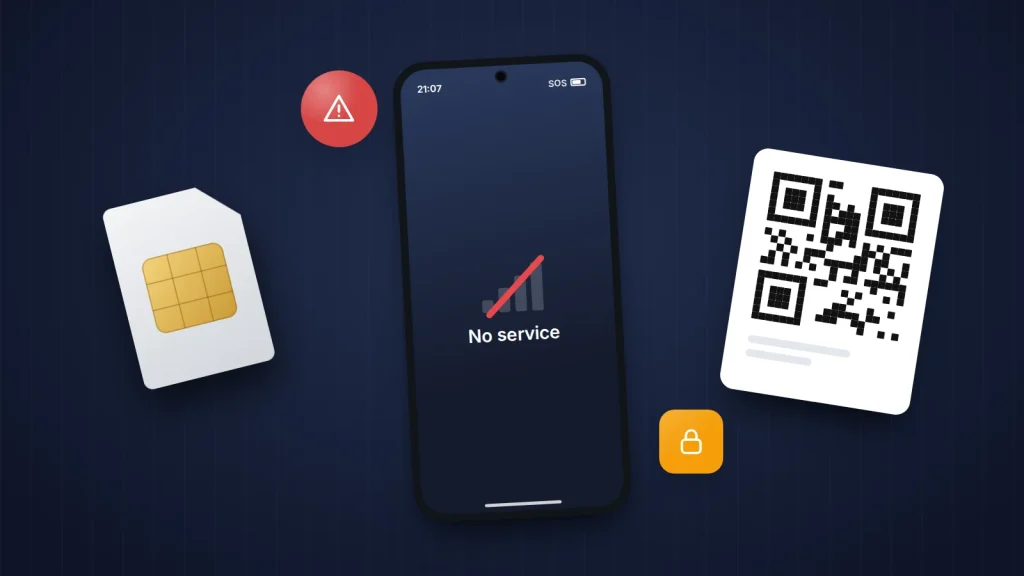 Phone showing No service between a SIM card and an eSIM QR code card, with a red warning badge and a padlock tile