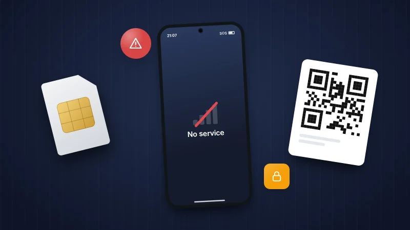 Phone showing No service between a SIM card and an eSIM QR code card, with a red warning badge and a padlock tile
