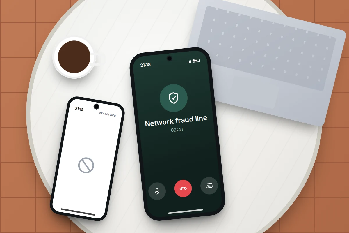 Cafe table with a borrowed phone calling the network fraud line beside a laptop and a phone showing No service
