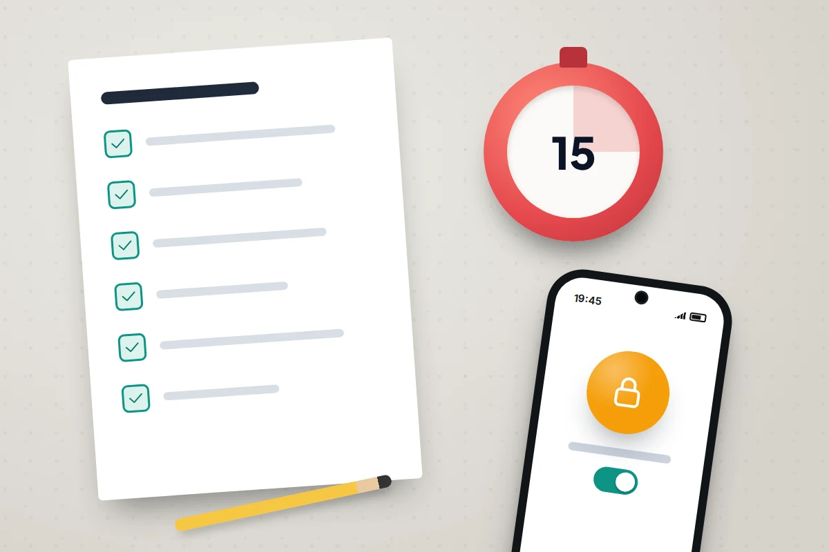 Printed checklist with six ticked boxes beside a red timer set to 15 and a phone showing a padlock and a switch turned on