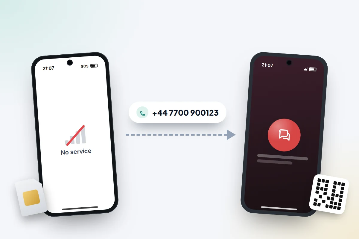 A phone number badge moving along a dashed arrow from your phone to a stranger's phone with a new eSIM