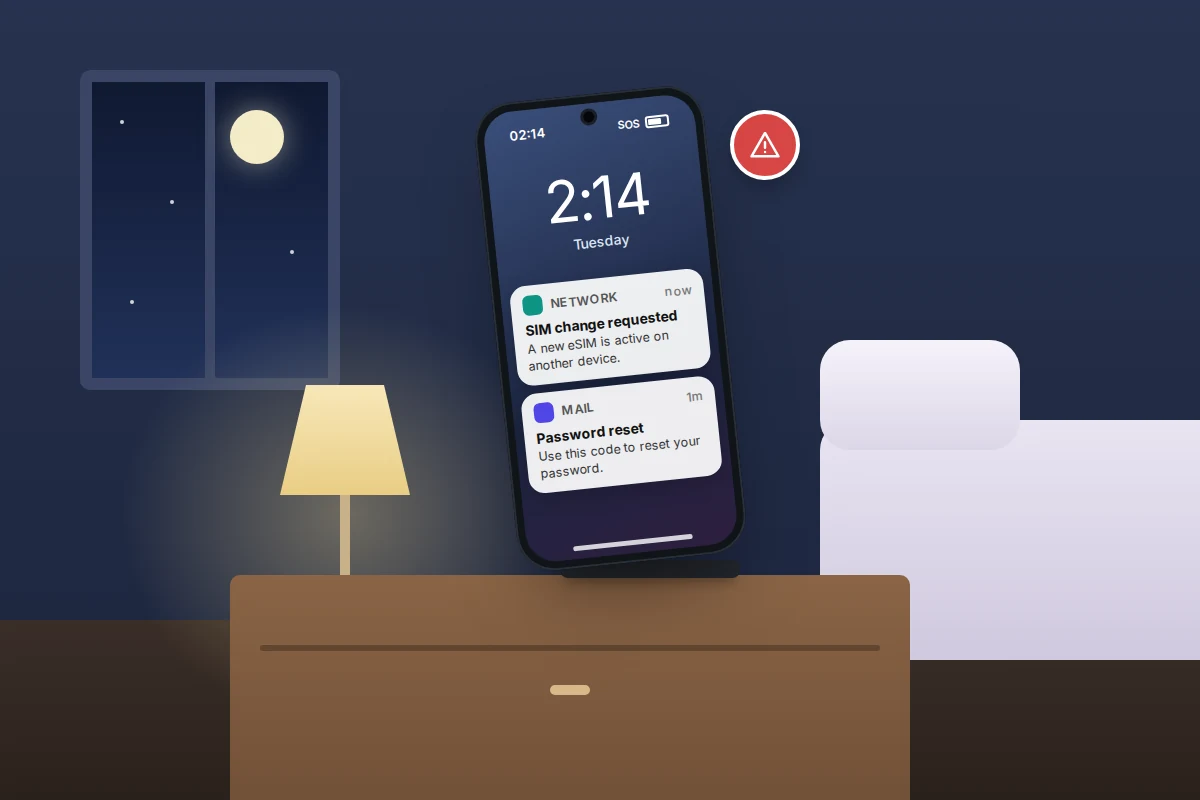 Phone on a bedside table at night showing a SIM change notification and a password reset email, with a red warning badge