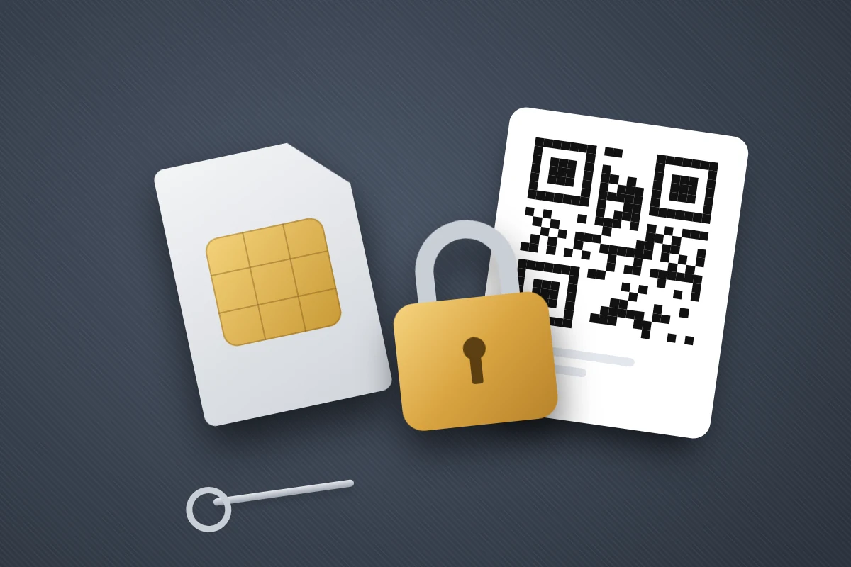 Close-up of a SIM card and a printed eSIM QR code card with a gold padlock resting across both