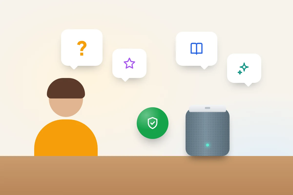 A child at a table facing a speaker, with speech bubbles showing a question mark, star, book and sparkle, and a shield between