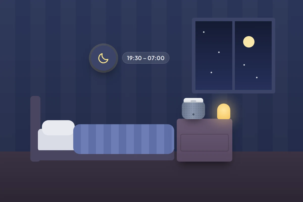 A child's bedroom at night with a speaker on the bedside table and a moon badge showing a 19:30 to 07:00 schedule