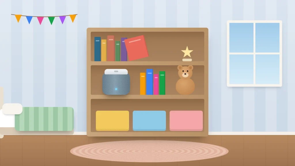 A child's bedroom bookcase with a small fabric smart speaker on a shelf between picture books and a teddy bear