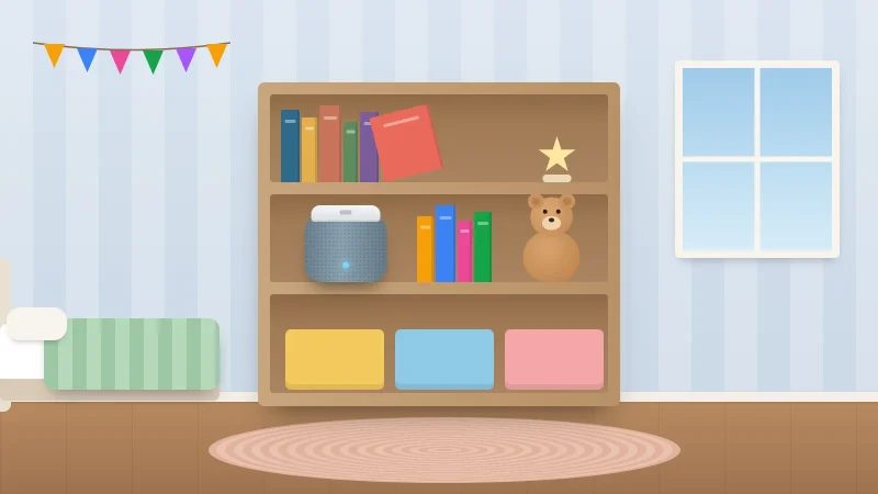 A child's bedroom bookcase with a small fabric smart speaker on a shelf between picture books and a teddy bear