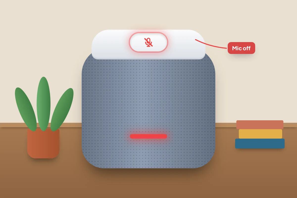 Close-up of a fabric speaker with its microphone-off button glowing red and a red light on the front