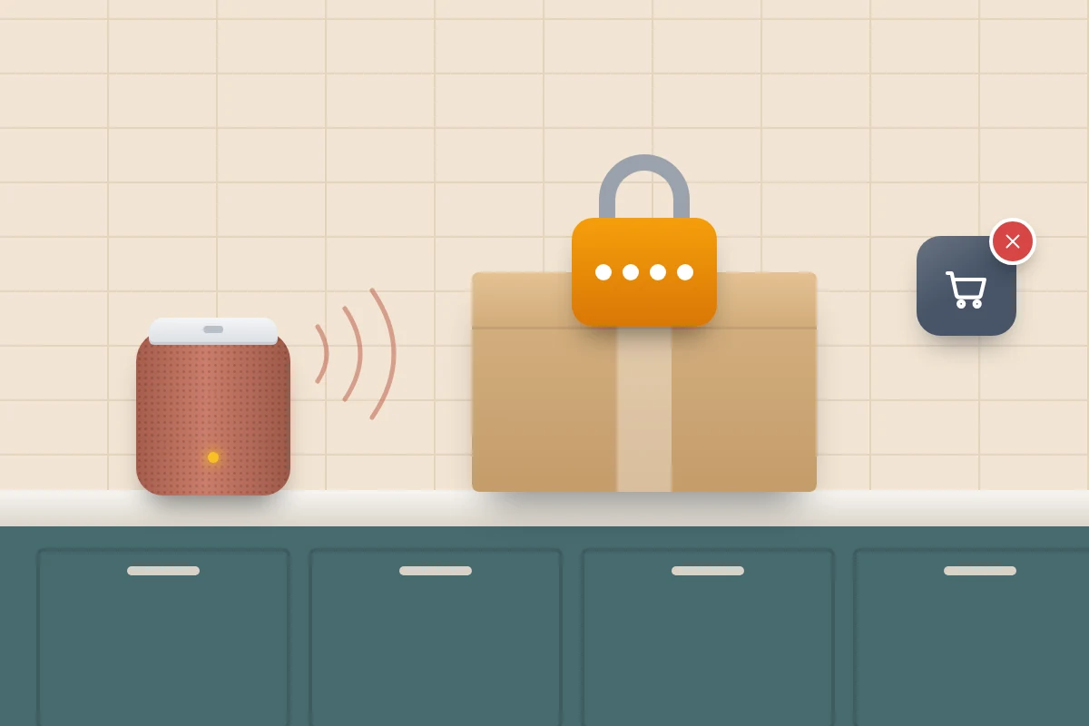 A kitchen worktop with a fabric-covered speaker next to a parcel sealed with a padlock showing four code dots