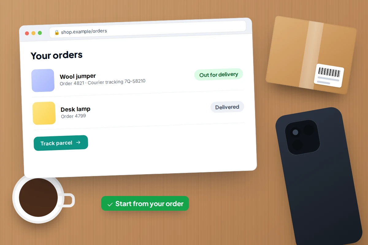 Desk flat-lay with a laptop showing an order history page, a cardboard parcel and a phone placed face down