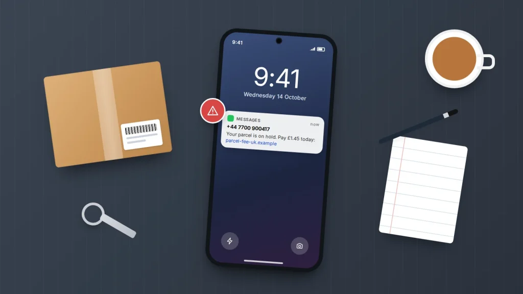 Phone on a desk showing a lock-screen text demanding a small parcel fee, next to a cardboard parcel and a red warning badge