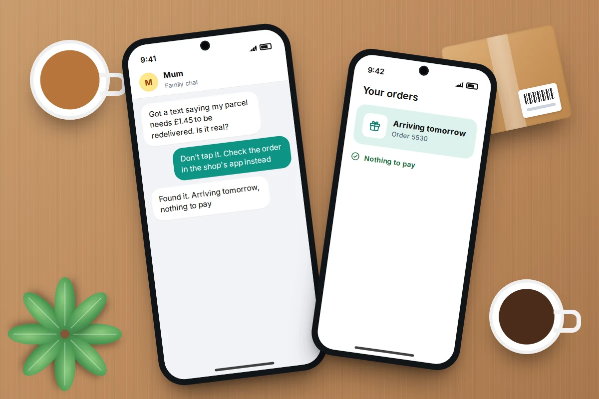 Table with two phones: a family chat asking if a parcel fee text is real, and an order page showing nothing to pay