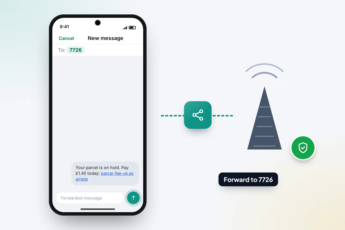 Phone forwarding a suspicious message to the number 7726 with a shield icon beside it