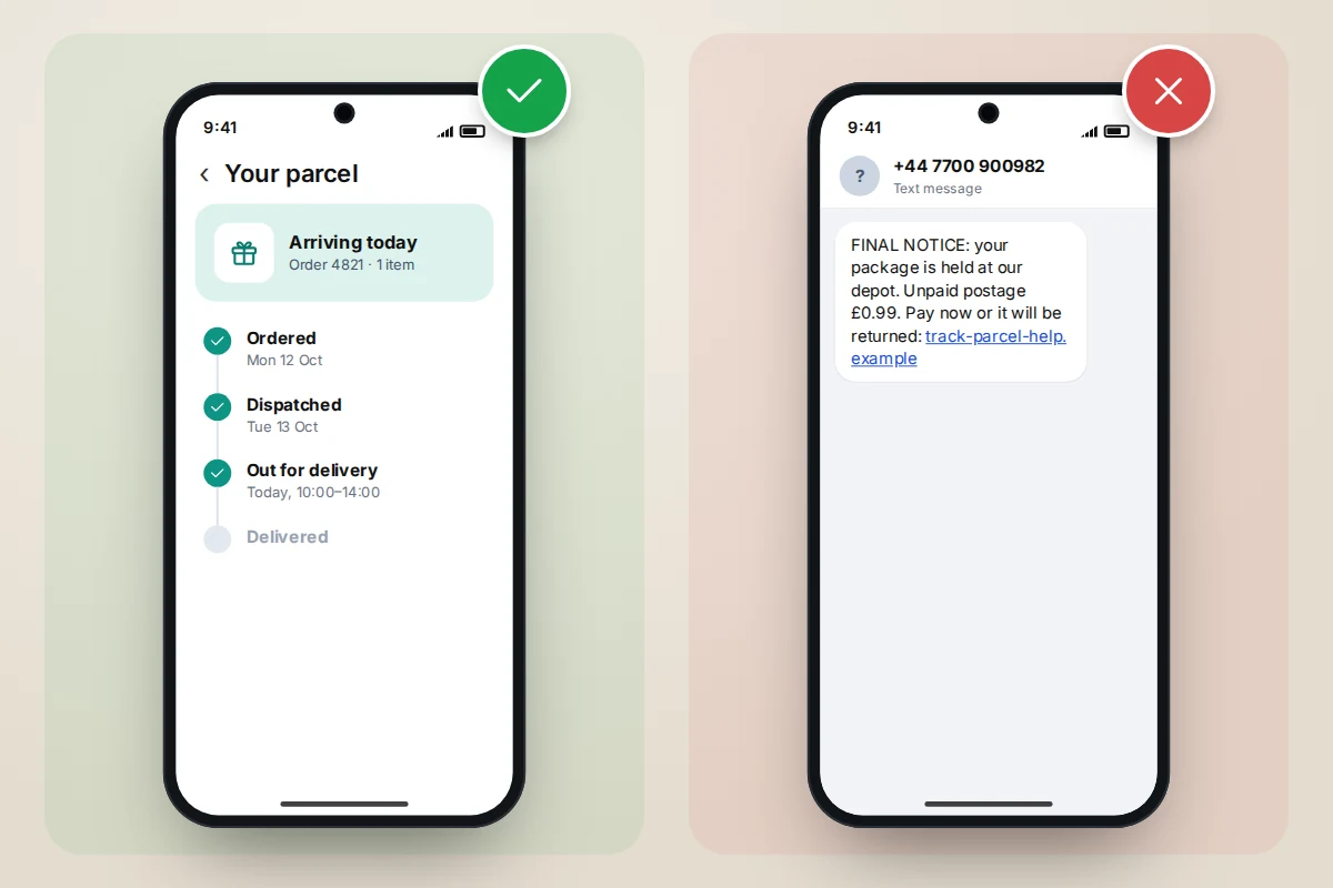 Two phones side by side: a plain tracking screen marked with a tick and a fee-demand text marked with a cross
