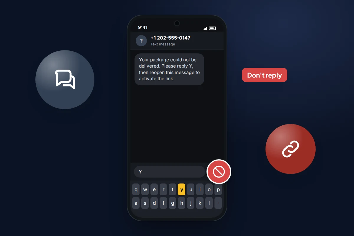 Phone keyboard with a reply of Y about to be sent to an unknown number, crossed out with a red warning badge