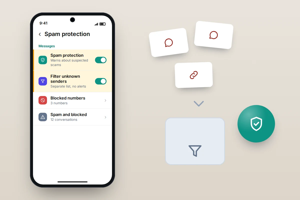 Phone settings screen with spam protection and unknown sender filtering switched on, next to a shield icon