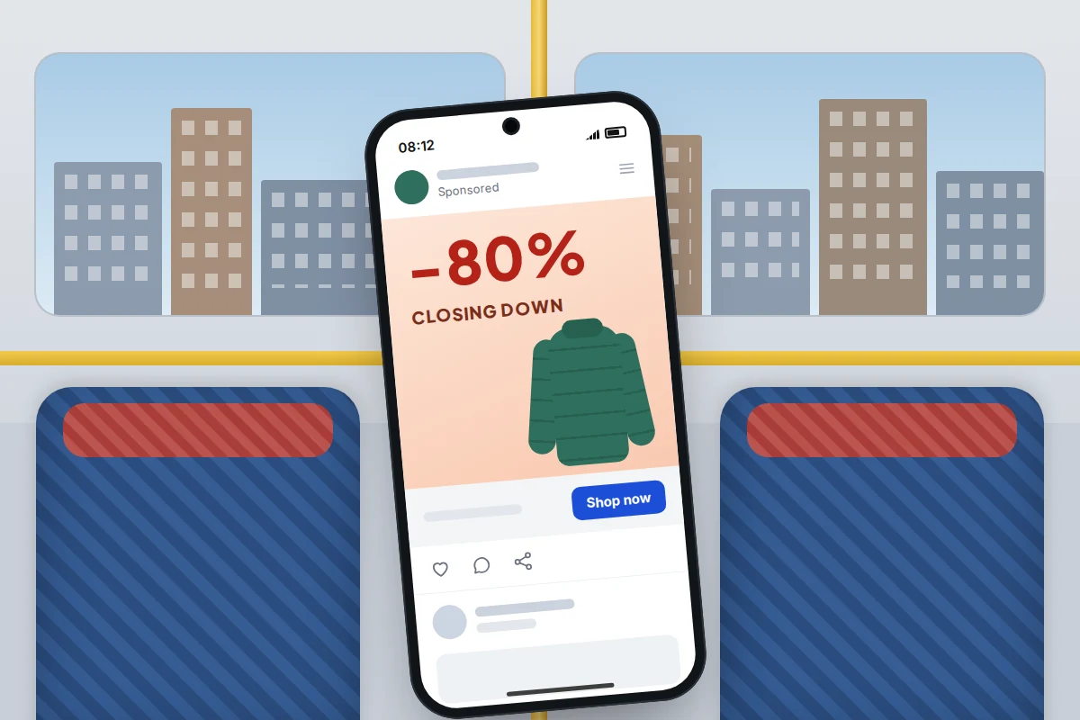 Phone on a bus showing a sponsored social media advert for a closing-down sale at 80% off
