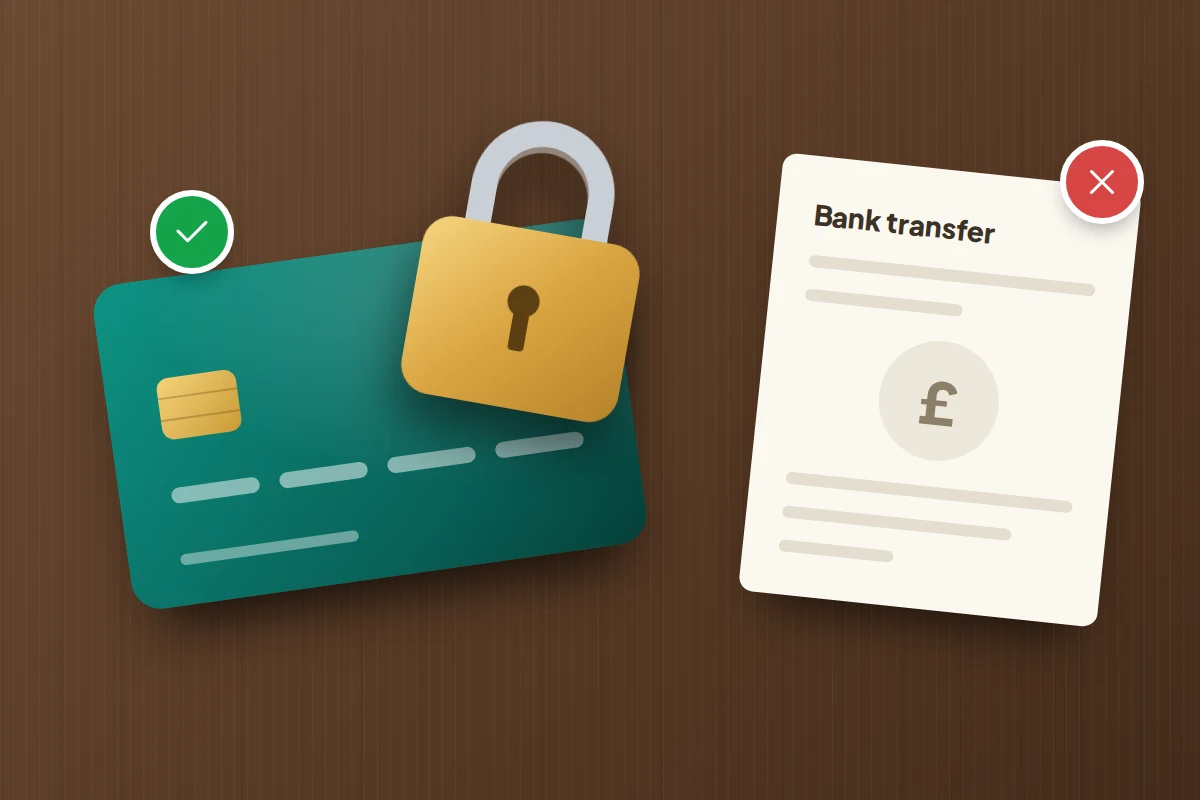 Credit card with a gold padlock and a green tick beside a bank transfer slip marked with a red cross