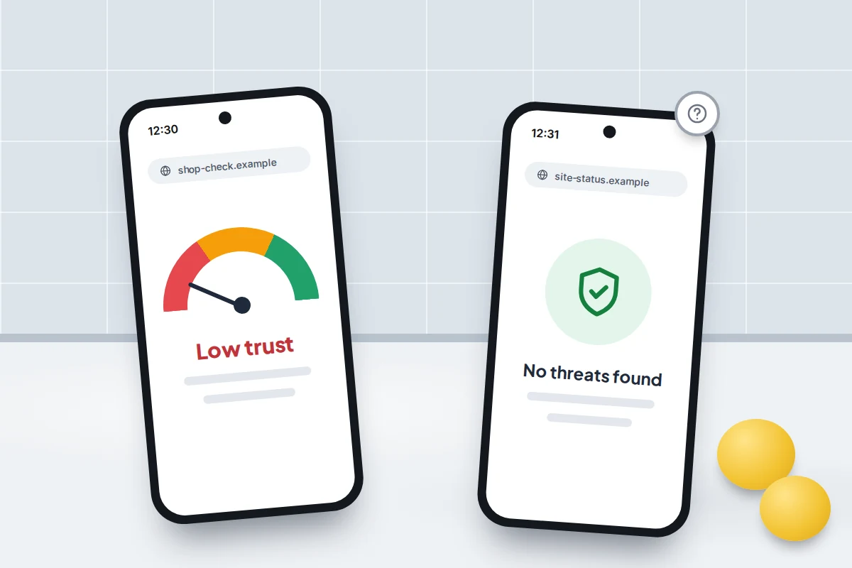 Two phones on a kitchen worktop: a trust score gauge pointing to Low trust, and a green shield saying No threats found
