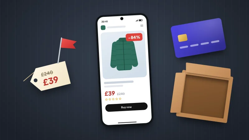 Phone showing a down jacket at 84% off beside a price tag with a red flag, a bank card and an empty cardboard box