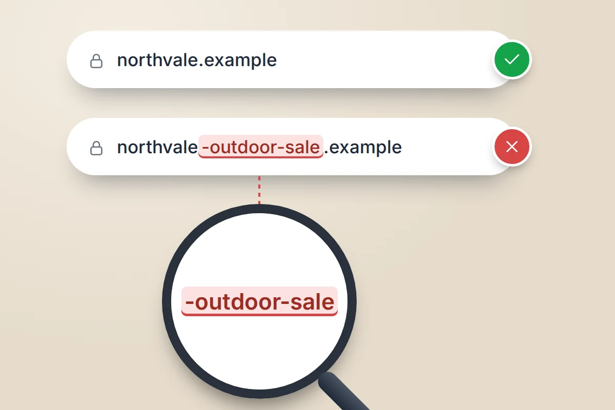 Two address bars: northvale.example with a tick, and northvale-outdoor-sale.example with a cross and the extra words magnified