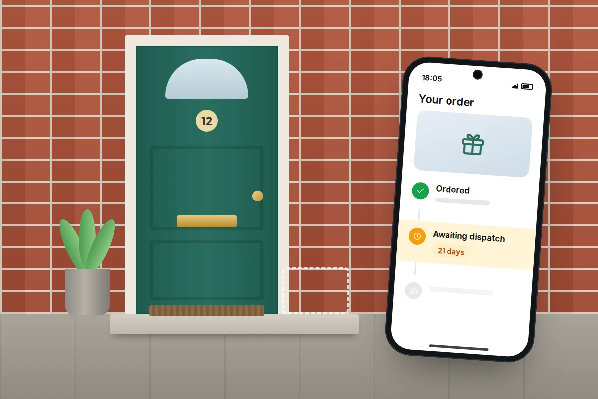 Front door with an empty doorstep and a dashed parcel outline, beside a phone showing an order stuck on Awaiting dispatch