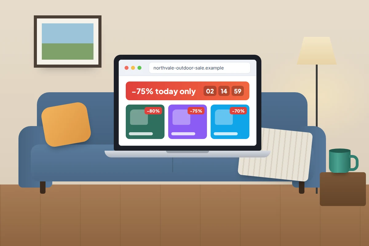 Laptop on a sofa showing an online shop with a 75% off banner, product tiles and a countdown timer