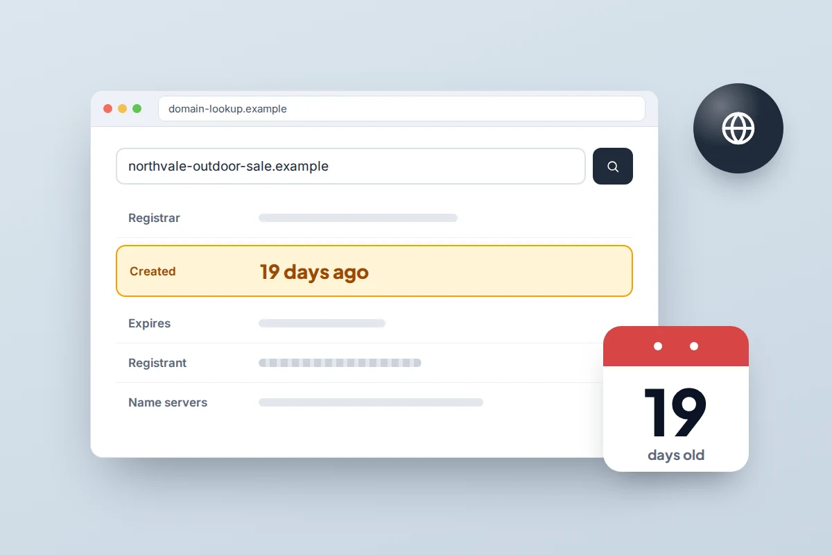 Browser showing a domain registration lookup with the Created date highlighted as 19 days ago