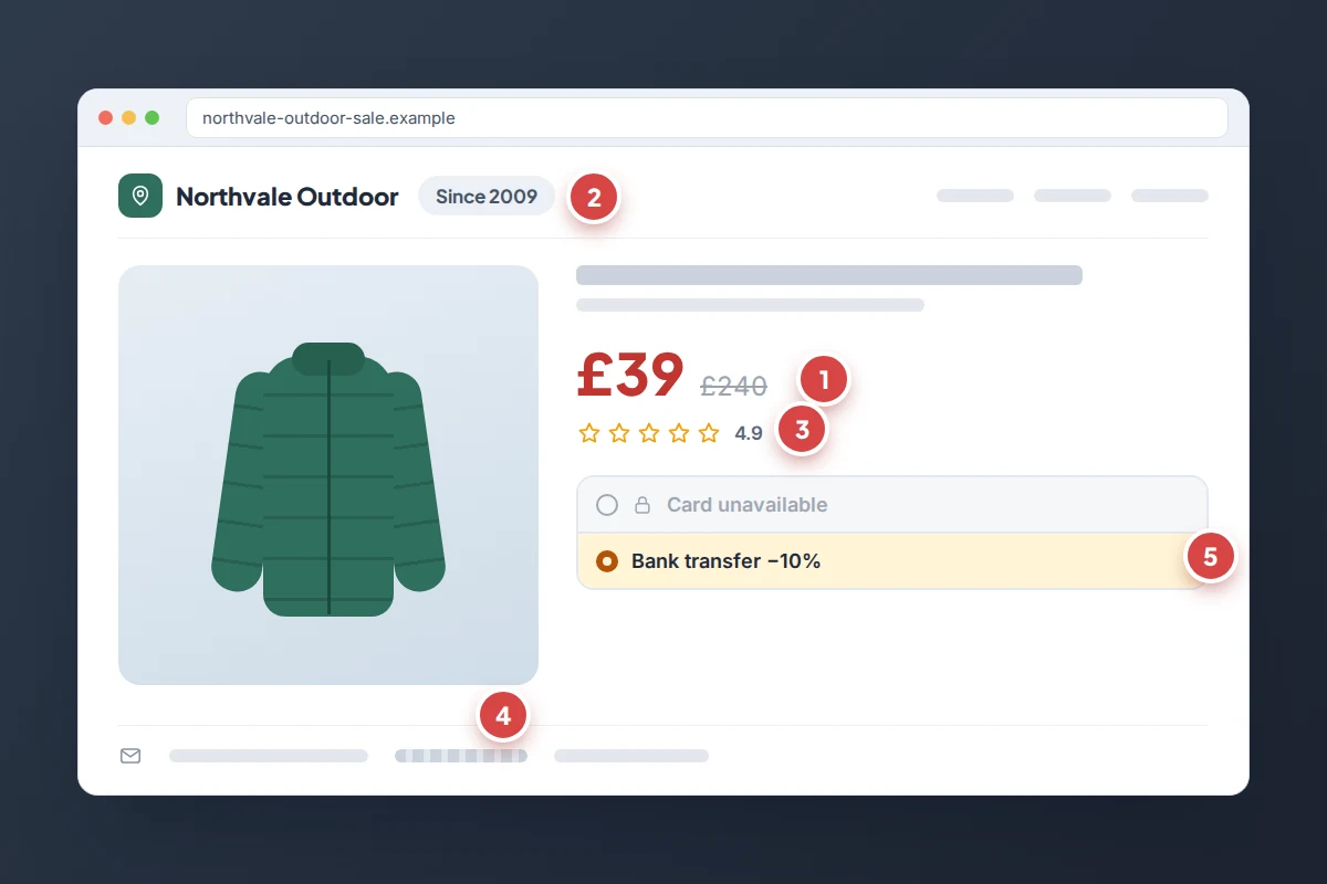 Fake outdoor shop page for a down jacket at £39, with five numbered red markers from the price to the bank transfer option