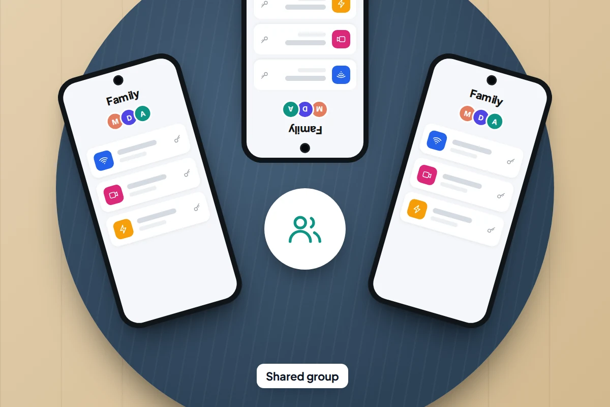 Three phones on a round table, each showing the same shared family group with three logins