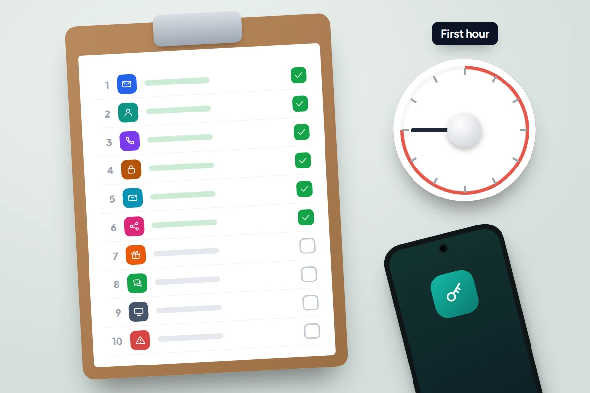 Clipboard checklist of ten numbered account icons with six ticked, beside a kitchen timer and a phone
